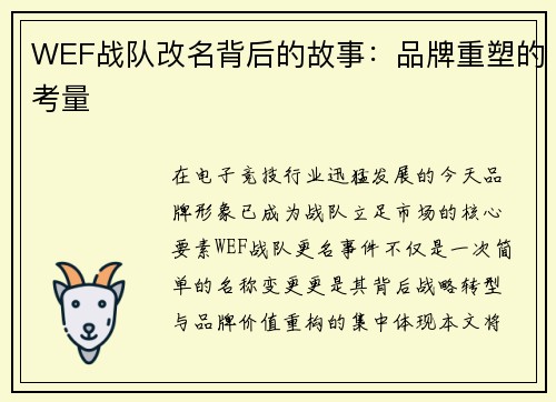 WEF战队改名背后的故事：品牌重塑的考量