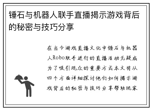 锤石与机器人联手直播揭示游戏背后的秘密与技巧分享