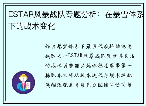 ESTAR风暴战队专题分析：在暴雪体系下的战术变化